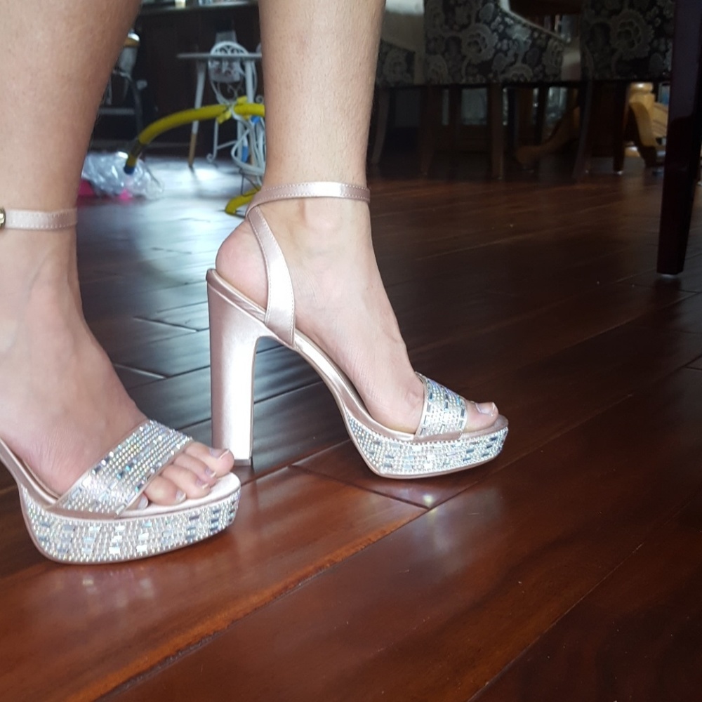 Nude Jeweled Satin Ankle Strap Platform Sandals